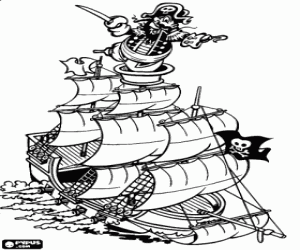 Pirate ship sailing under full sail with the captain on the lookout position coloring page