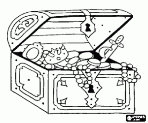 Pirate treasure, treasure chest full of jewels and coins coloring page