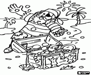 Pirate with one eye covered very happy playing with some gold coins from treasure chest coloring page