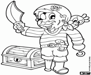 Pirate with treasure chest coloring page