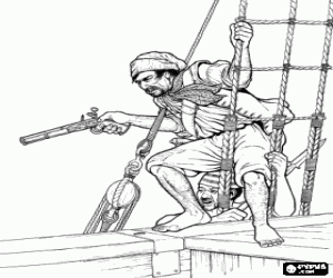 Pirates with guns and ready to attack and board a ship coloring page