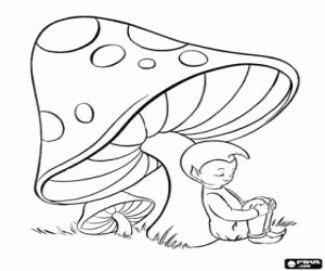 A pixie sleeps under the mushroom coloring page
