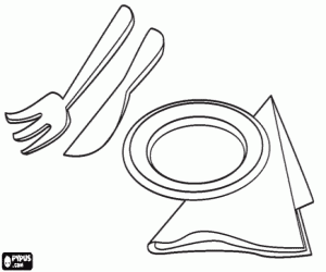 Plate, cutlery and napkin coloring page