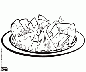 A plate of nachos with meat and cheese coloring page