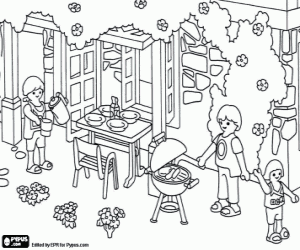 Playmobil, a family barbecue coloring page
