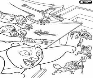 Po and his friends against the wolves coloring page