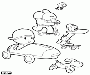 Pocoyo and his friends in vehicles coloring page
