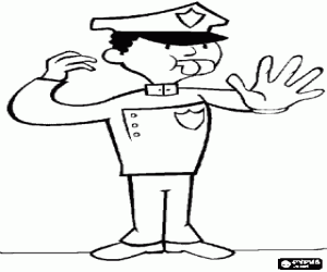 Policeman or police officer stopping traffic with a whistle in the mouth coloring page