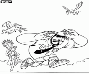 The policeman and strange birds coloring page