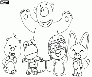 Pororo with four friends coloring page