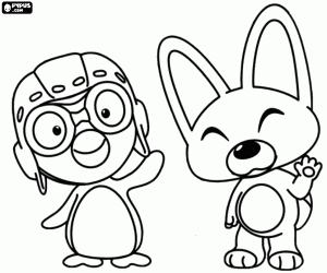 Pororo with his friend Eddy coloring page