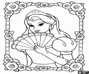 Portrait princess with hand-held fan coloring page