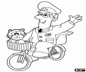 Postman Pat and the cat on bicycle coloring page