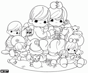 Precious Moments, family scene coloring page