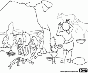Prehistoric family in the cave coloring page