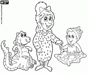 Prehistoric mom, a baby and dino coloring page