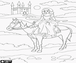 Princess on horse and a castle coloring page