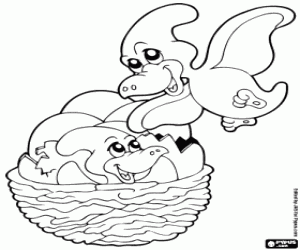 Pterodactyls family in the nest coloring page