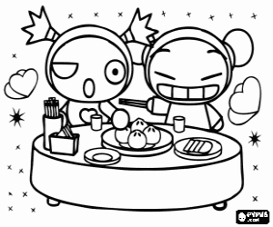 Pucca and Garu at the table coloring page