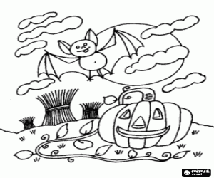 Pumpkin and bat in Halloween coloring page