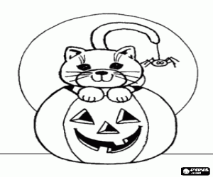 A pumpkin and a cat at Halloween coloring page