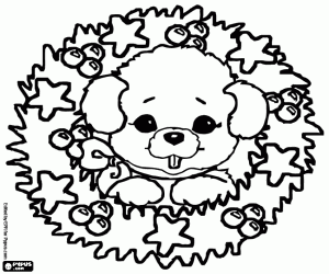 Puppy and the Christmas wreath coloring page
