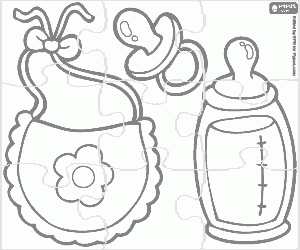 Puzzle of baby bottle and bib coloring page
