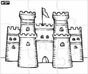 Puzzle of a castle with flag coloring page