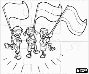 Puzzle of children with flags coloring page