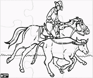 Puzzle with a cowboy and a cow coloring page