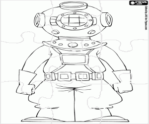 Puzzle with a deep diver coloring page