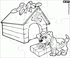 Puzzle of a dog with Christmas gift coloring page