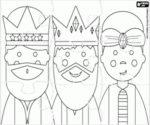 Puzzle with faces of three Kings coloring page