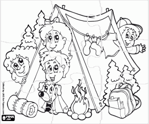 Puzzle of a family on camping coloring page
