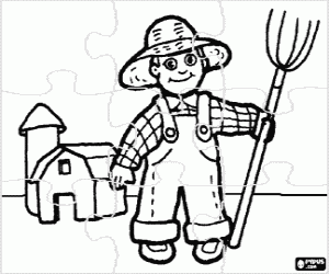 Puzzle of a farmer and the farm coloring page