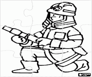 Puzzle with a fireman in action coloring page