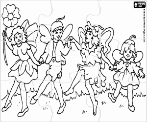 Puzzle with four pixies and a flower coloring page