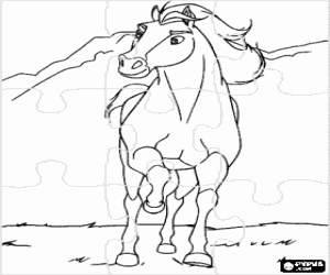 Puzzle of horse in the landscape coloring page