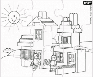 Puzzle of a house with garden, Lego coloring page
