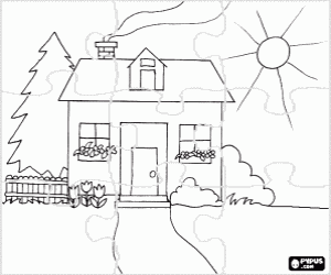 Puzzle of a house at spring coloring page