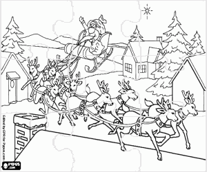 Puzzle of landscape with Santa coloring page