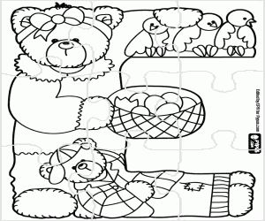 Puzzle of letter E with bears coloring page