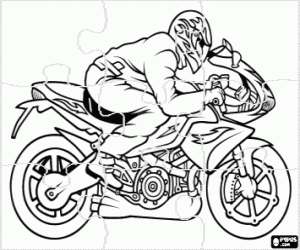 Puzzle of a motorcycle with pilot coloring page
