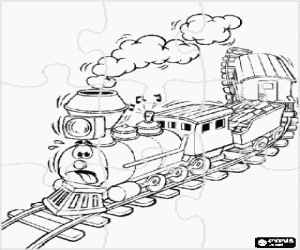 Puzzle of steam train with a face coloring page
