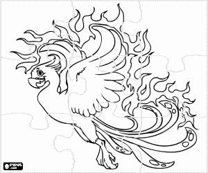 Puzzle of the Phoenix, mythical bird coloring page