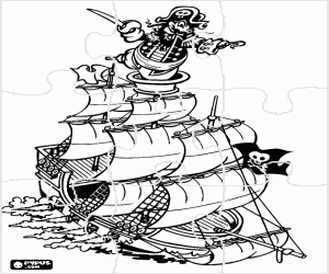 Puzzle with the pirate at the ship coloring page