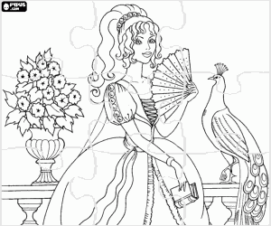 Puzzle with princess and peacock coloring page