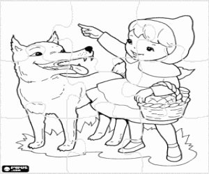 Puzzle of Red Riding Hood and Wolf coloring page