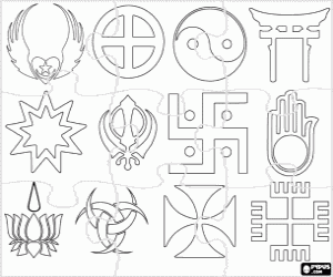 Puzzle of religions symbols coloring page