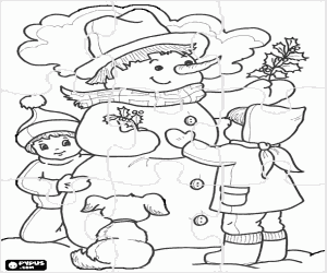 Puzzle of snowman with children coloring page